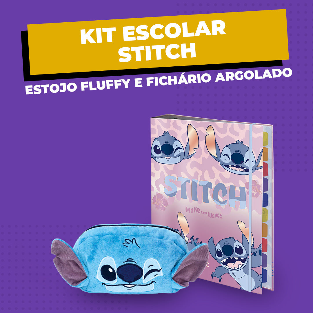 Kit Stitch Escolar Infantil Estojo Fluffy Fichário