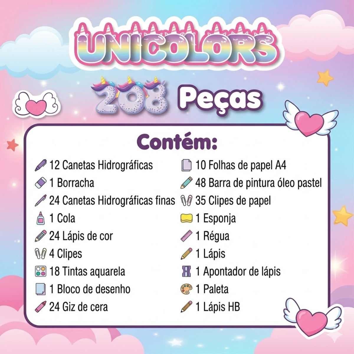 Maleta Pintura Estojo Infantil 208 Peças Coloridas Unicórnio