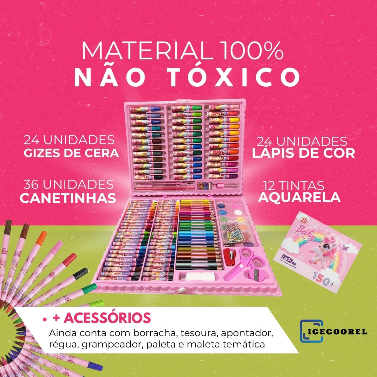 Kit Estojo Maleta Pintura Colorir 150 Peças Escolar Infantil Canetinha Giz Lápis Divertir Pintar Estojo Completo Volta As Aulas Mundo Dos Unicórnios Ice Coorel