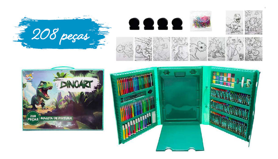 Kit Maleta De Pintura 204 Peças Kit Escolar com Canetinha, Lápis de cor, Giz De Cera, tesoura apontador Desenhos Estojo Dinoart