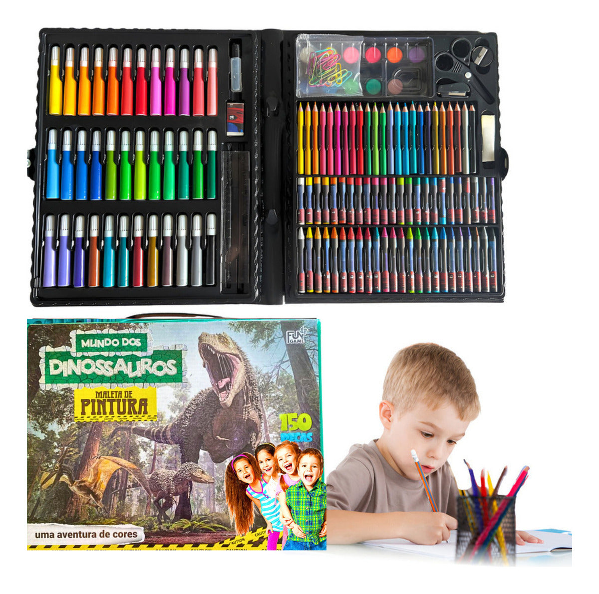 Kit Escolar Maleta De Colorir 150 Peças Estojo Escolar Infantil Colorir Desenho Canetinhas Lápis De Cor Giz De Cera Tinta Aquarela Cola Apontador Tesoura Régua Clips