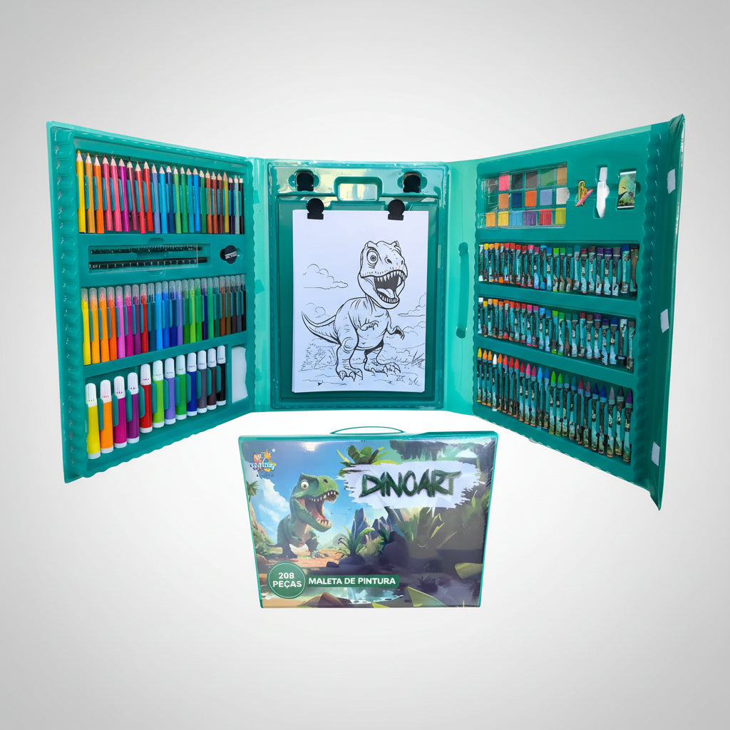 Kit Maleta De Pintura 204 Peças Kit Escolar com Canetinha, Lápis de cor, Giz De Cera, tesoura apontador Desenhos Estojo Dinoart