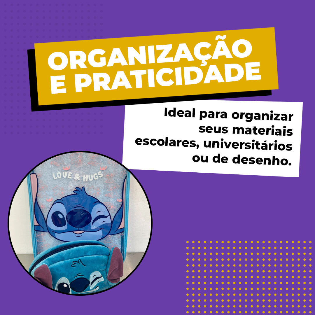 Kit Stitch Infantil Escolar Estojo Fluffy Pasta