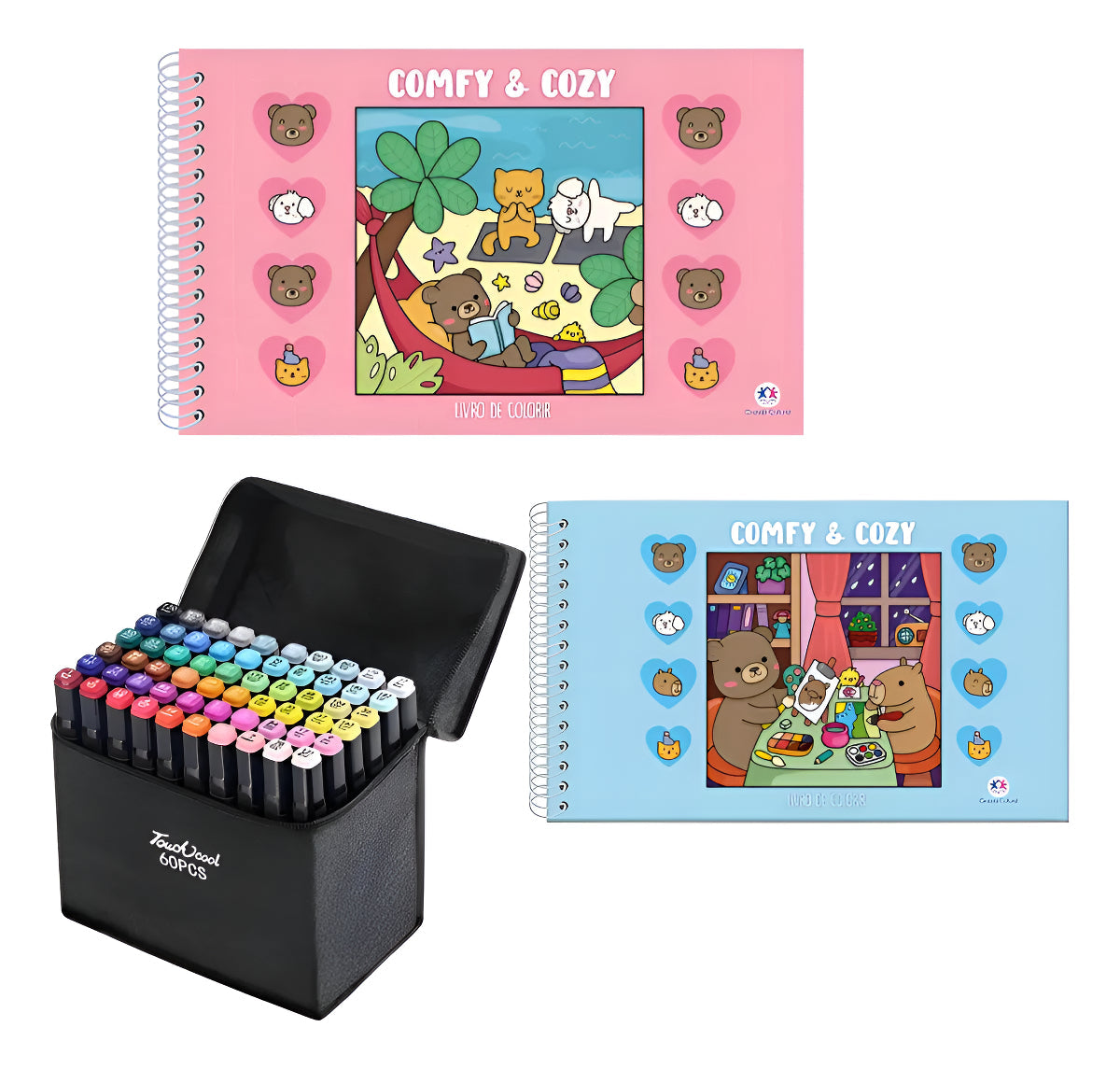 Kit 2 Livros Colorir Infantil + Canetinhas Touch 60 Cores