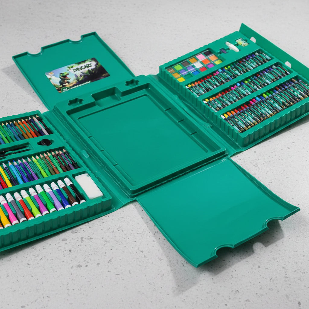 Kit Maleta De Pintura 204 Peças Kit Escolar com Canetinha, Lápis de cor, Giz De Cera, tesoura apontador Desenhos Estojo Dinoart