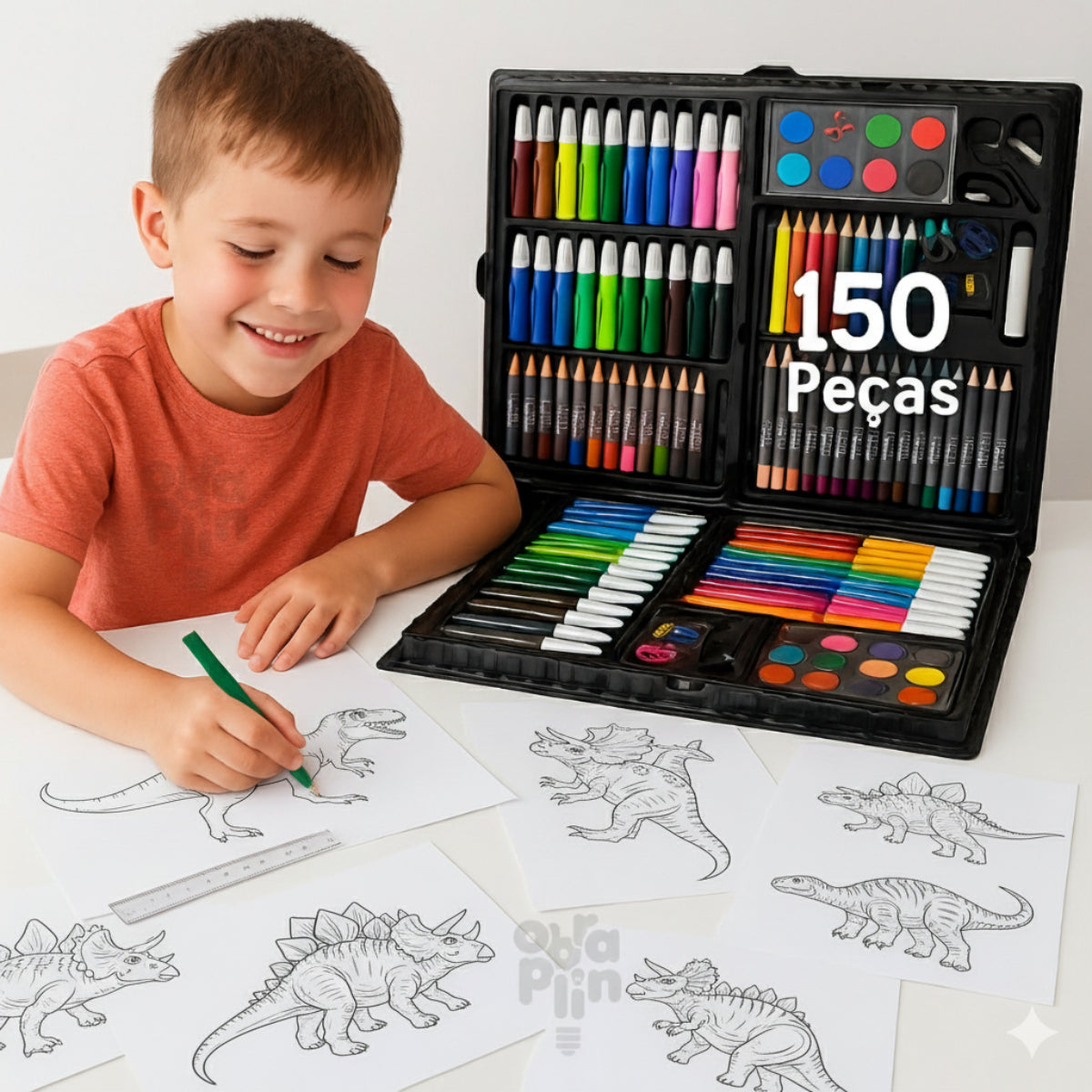 Kit Escolar Maleta De Colorir 150 Peças Estojo Escolar Infantil Colorir Desenho Canetinhas Lápis De Cor Giz De Cera Tinta Aquarela Cola Apontador Tesoura Régua Clips