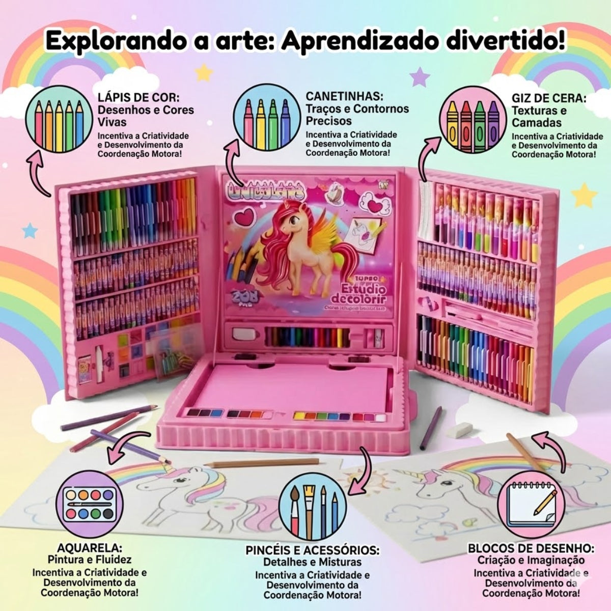 Maleta Pintura Estojo Infantil 208 Peças Coloridas Unicórnio