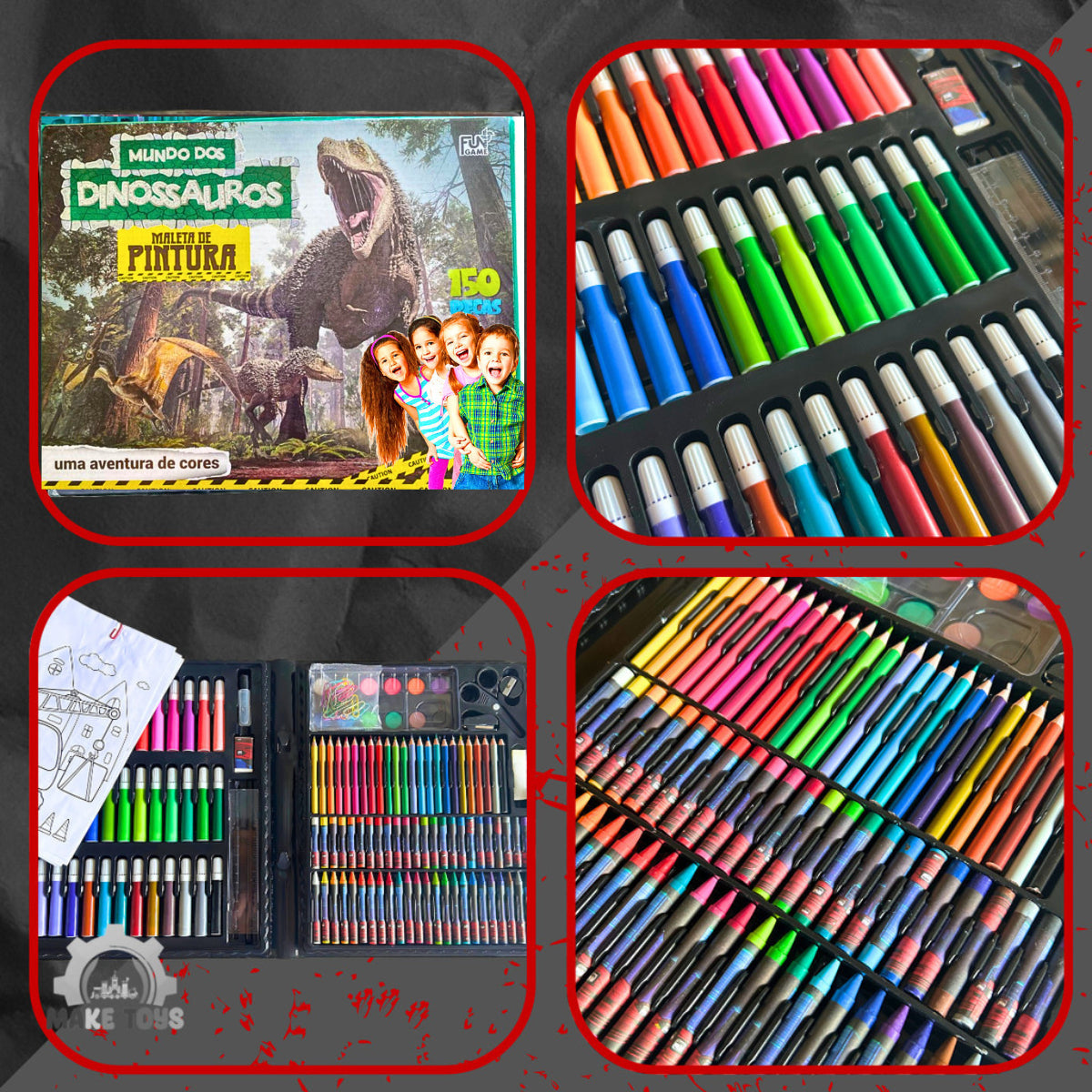 Kit Escolar Maleta De Colorir 150 Peças Estojo Escolar Infantil Colorir Desenho Canetinhas Lápis De Cor Giz De Cera Tinta Aquarela Cola Apontador Tesoura Régua Clips