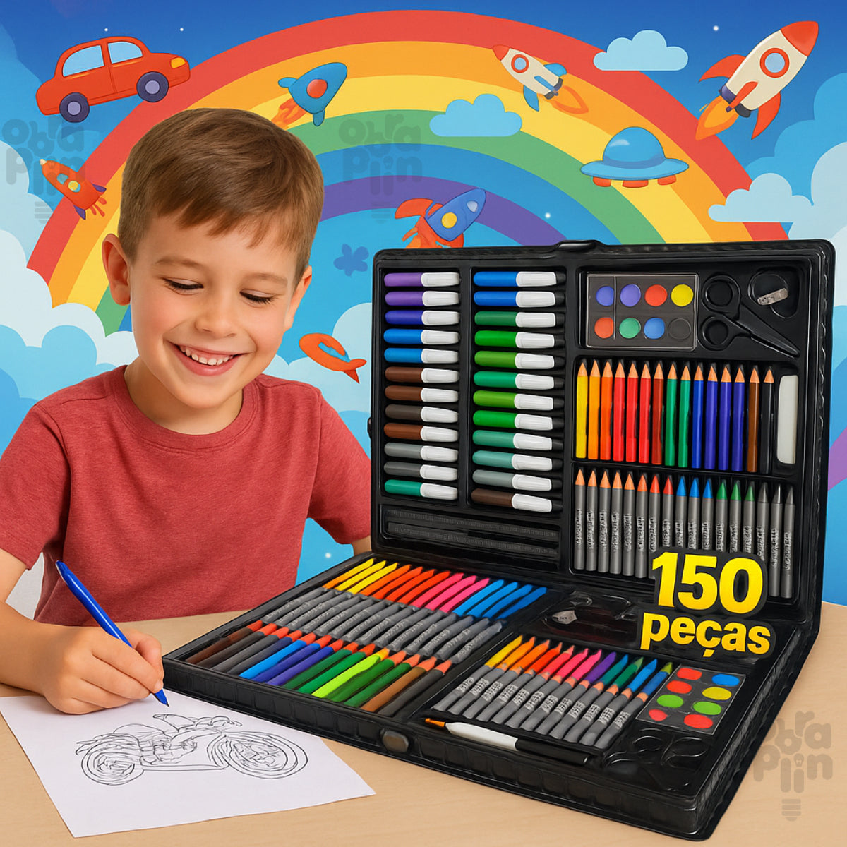 Kit Escolar Maleta De Colorir 150 Peças Estojo Escolar Infantil Colorir Desenho Canetinhas Lápis De Cor Giz De Cera Tinta Aquarela Cola Apontador Tesoura Régua Clips