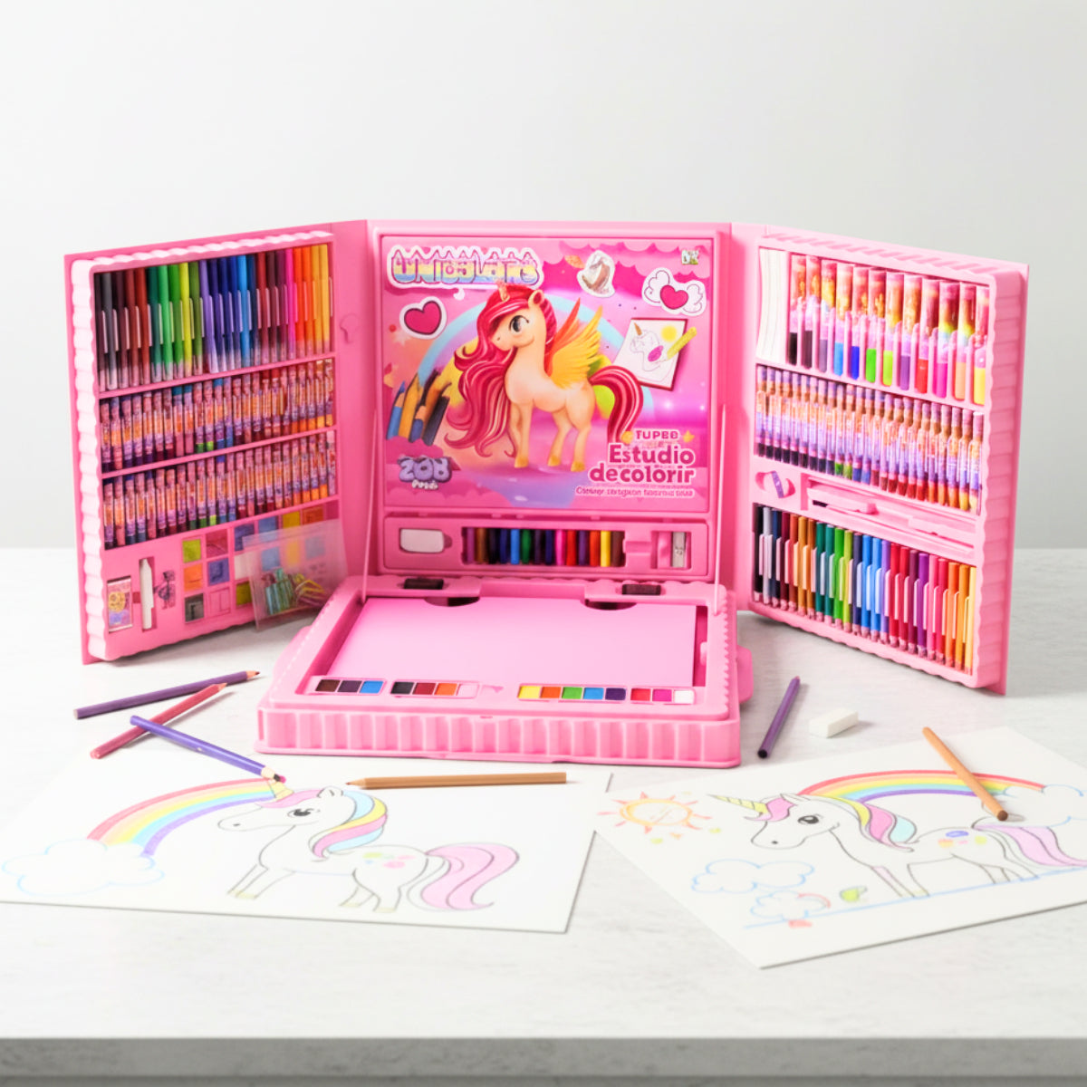 Maleta Pintura Estojo Infantil 208 Peças Coloridas Unicórnio