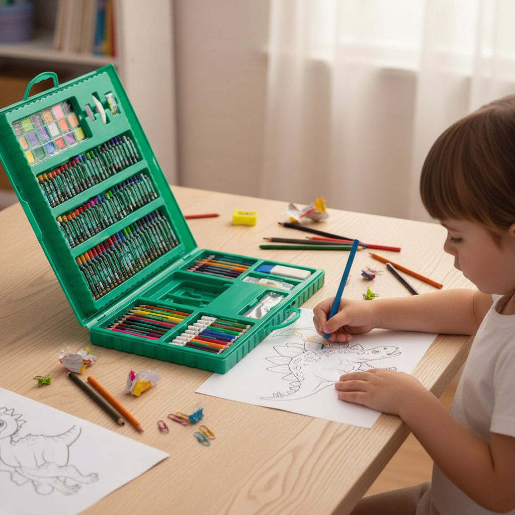Kit Maleta De Pintura 204 Peças Kit Escolar com Canetinha, Lápis de cor, Giz De Cera, tesoura apontador Desenhos Estojo Dinoart