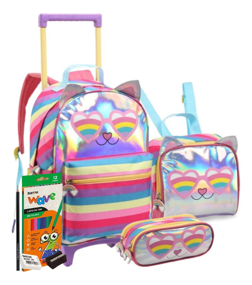 Mochila Rodinhas Lancheira Estojo Gatinha Escolar Infantil
