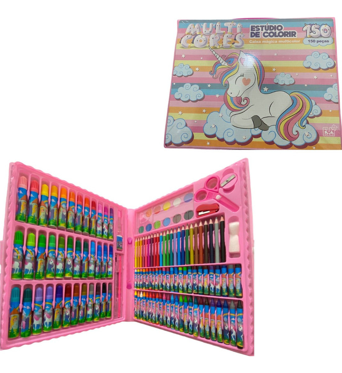 Estojo Maleta Pintura 150 Peças Infantil Canetinha Giz Lápis Divertir Pintar Estojo completo Maleta Pintura 150 Peças Mundo Dos Unicórnios Material Escola Estúdio Grande Colorir Desenho Kizumba