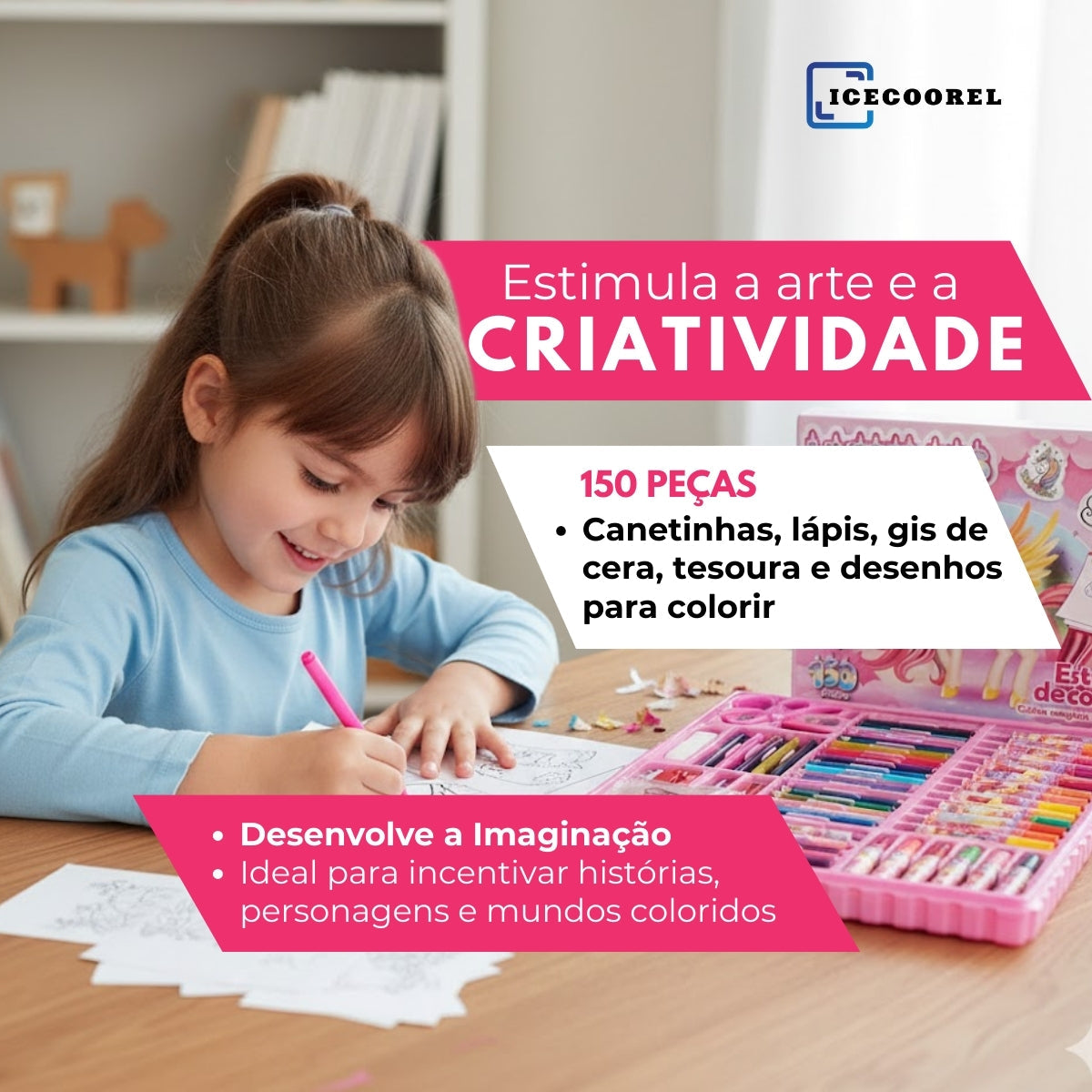 Kit Estojo Maleta Pintura Colorir 150 Peças Escolar Infantil Canetinha Giz Lápis Divertir Pintar Estojo Completo Volta As Aulas Mundo Dos Unicórnios Ice Coorel