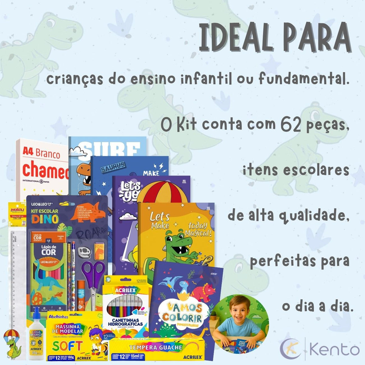 Kit Material Escolar Dinossauros 60pcs Infantil Fundamental