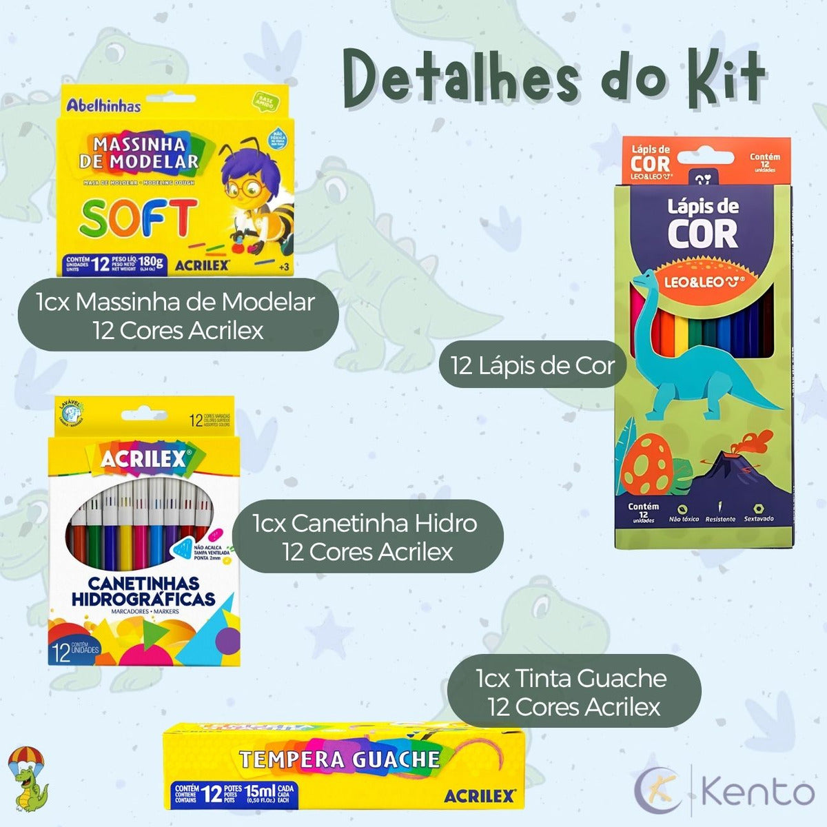 Kit Material Escolar Dinossauros 60pcs Infantil Fundamental