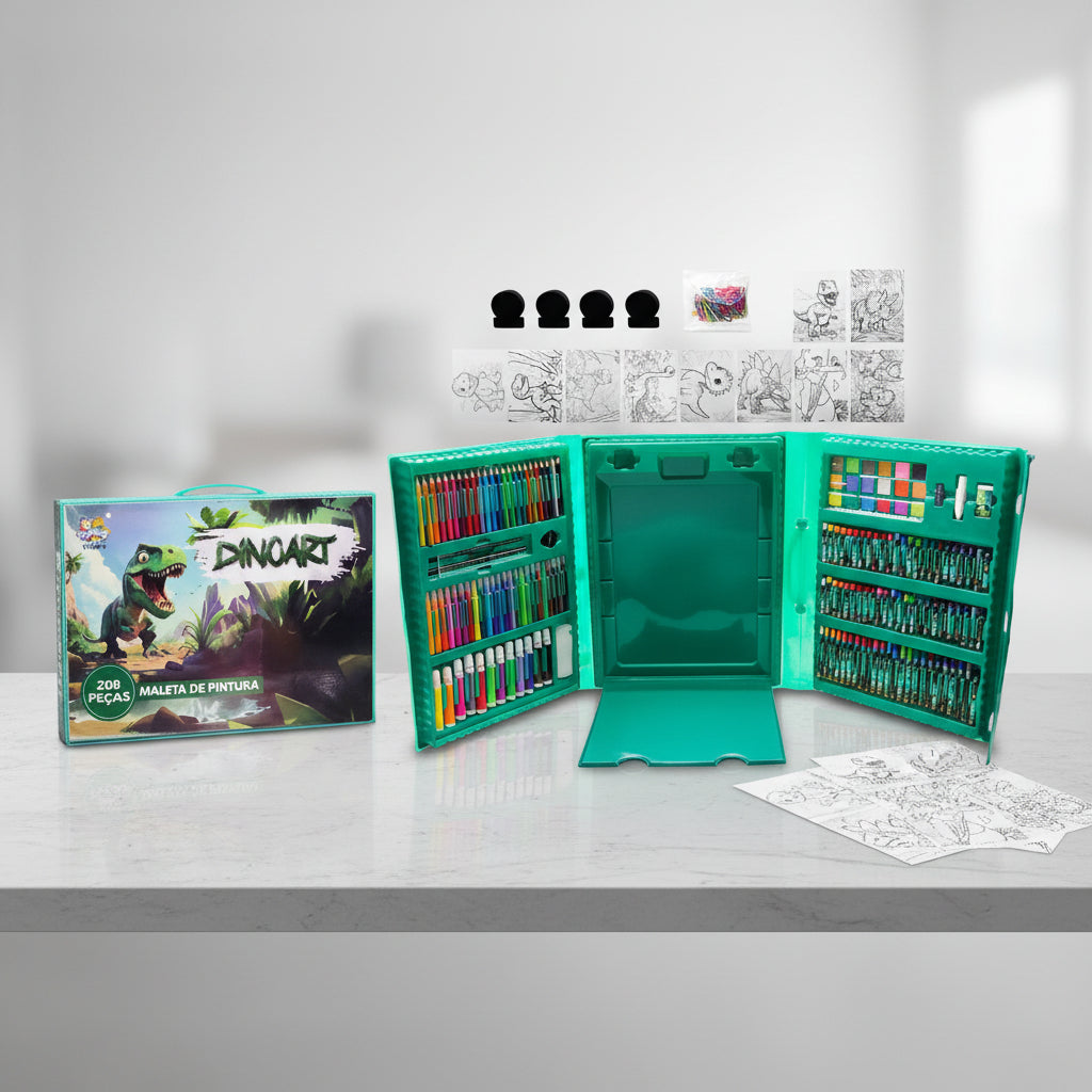 Kit Maleta De Pintura 204 Peças Kit Escolar com Canetinha, Lápis de cor, Giz De Cera, tesoura apontador Desenhos Estojo Dinoart