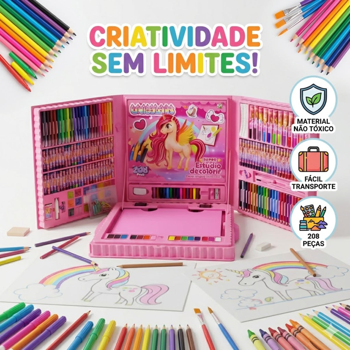Maleta Pintura Estojo Infantil 208 Peças Coloridas Unicórnio