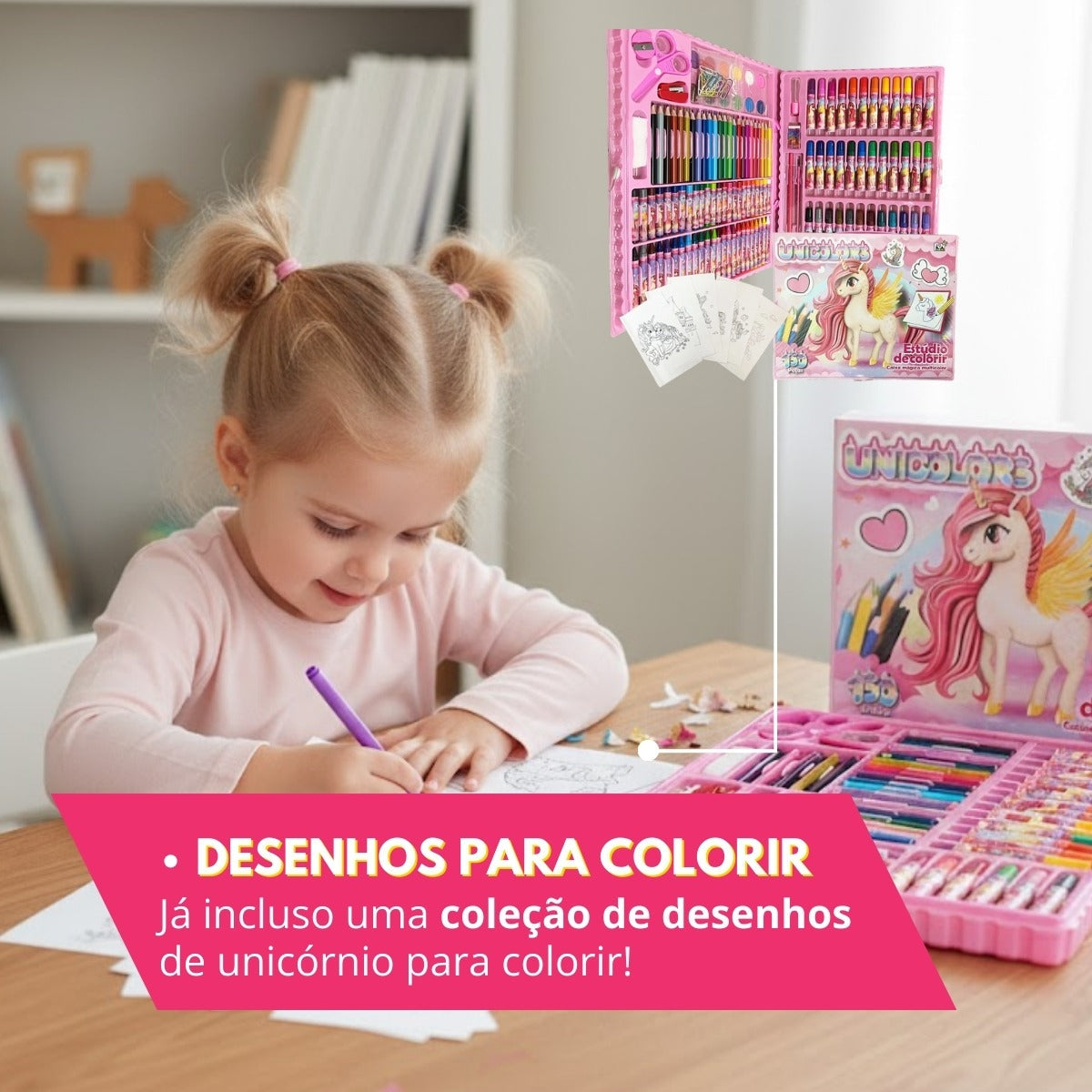 Kit Estojo Maleta Pintura Colorir 150 Peças Escolar Infantil Canetinha Giz Lápis Divertir Pintar Estojo Completo Volta As Aulas Mundo Dos Unicórnios Ice Coorel