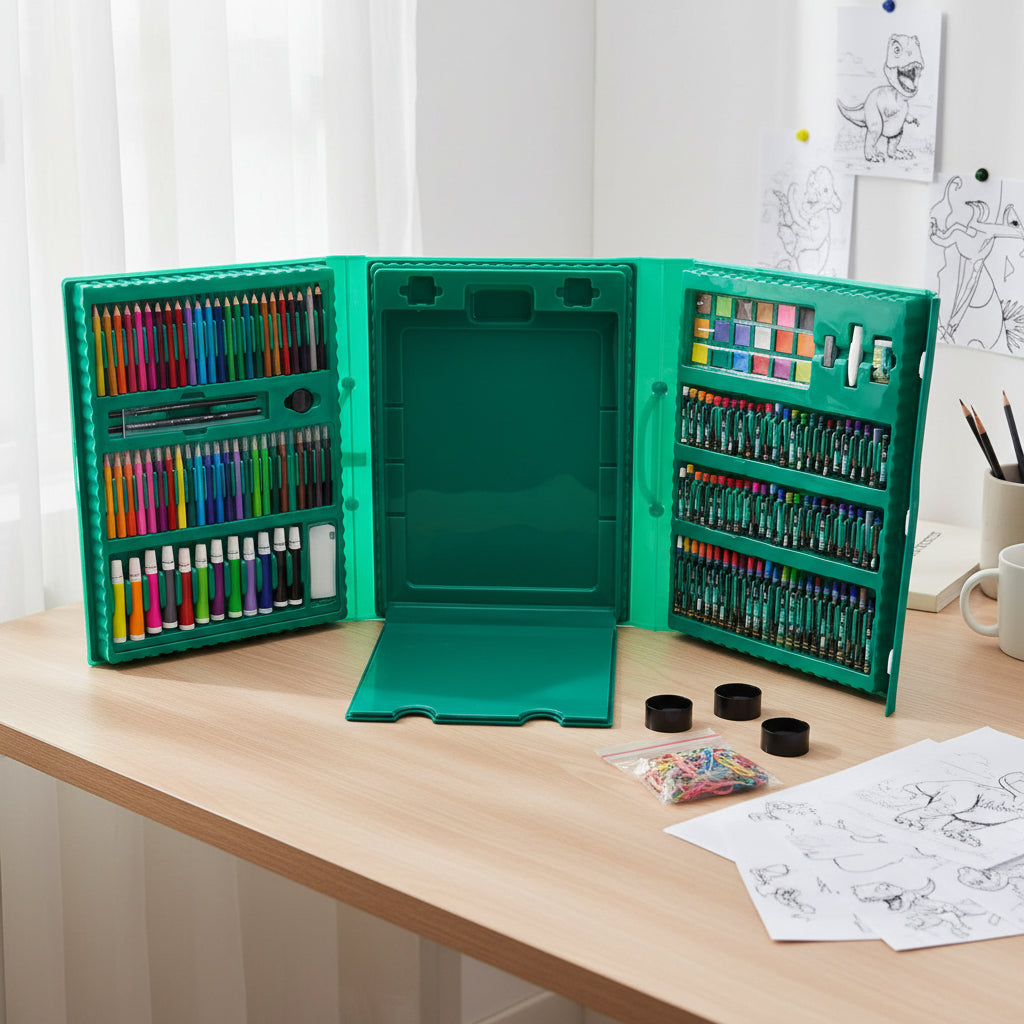 Kit Maleta De Pintura 204 Peças Kit Escolar com Canetinha, Lápis de cor, Giz De Cera, tesoura apontador Desenhos Estojo Dinoart