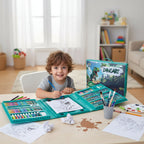 Kit Maleta De Pintura 204 Peças Kit Escolar com Canetinha, Lápis de cor, Giz De Cera, tesoura apontador Desenhos Estojo Dinoart