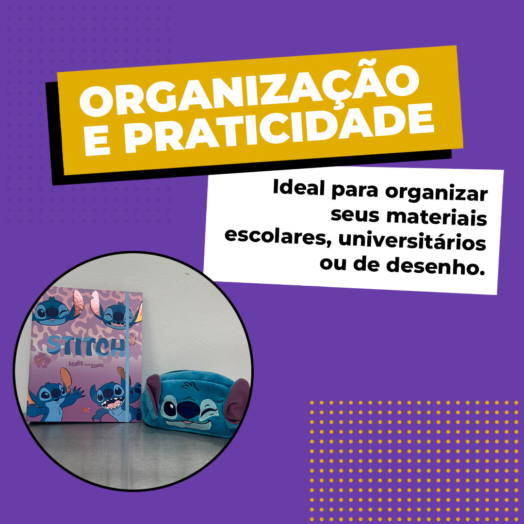 Kit Stitch Escolar Infantil Estojo Fluffy Fichário