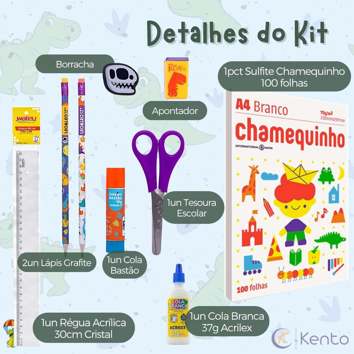 Kit Material Escolar Dinossauros 60pcs Infantil Fundamental
