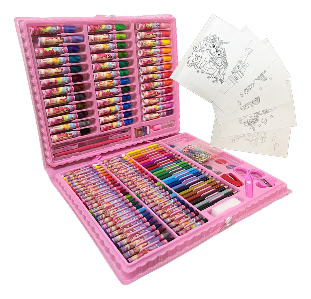 Estojo Maleta Pintura 150 Peças Infantil Canetinha Giz Lápis Divertir Pintar Estojo completo Maleta Pintura 150 Peças Mundo Dos Unicórnios Material Escola Estúdio Grande Colorir Desenho Kizumba