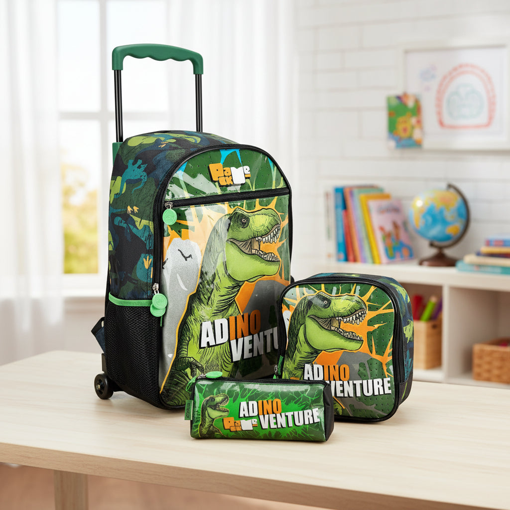 Kit Escolar Infantil Mala Lancheira Estojo Dinossauro T-rex