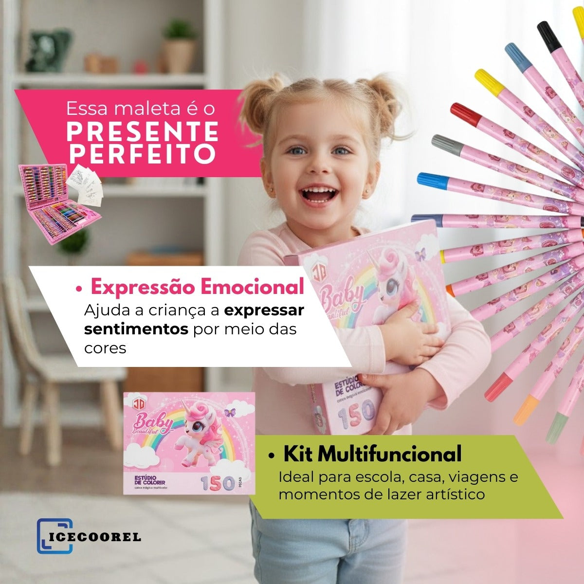 Kit Estojo Maleta Pintura Colorir 150 Peças Escolar Infantil Canetinha Giz Lápis Divertir Pintar Estojo Completo Volta As Aulas Mundo Dos Unicórnios Ice Coorel