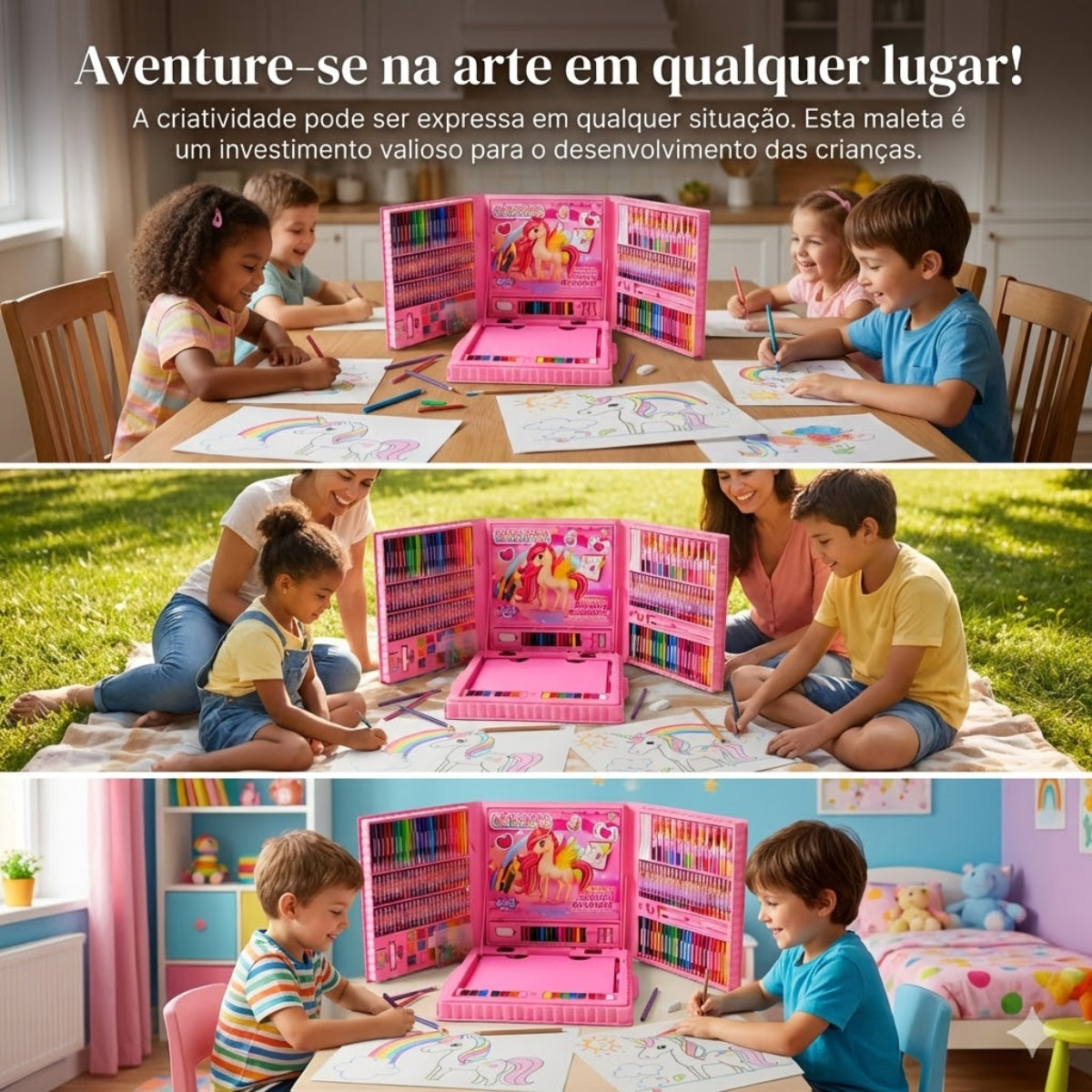 Maleta Pintura Estojo Infantil 208 Peças Coloridas Unicórnio
