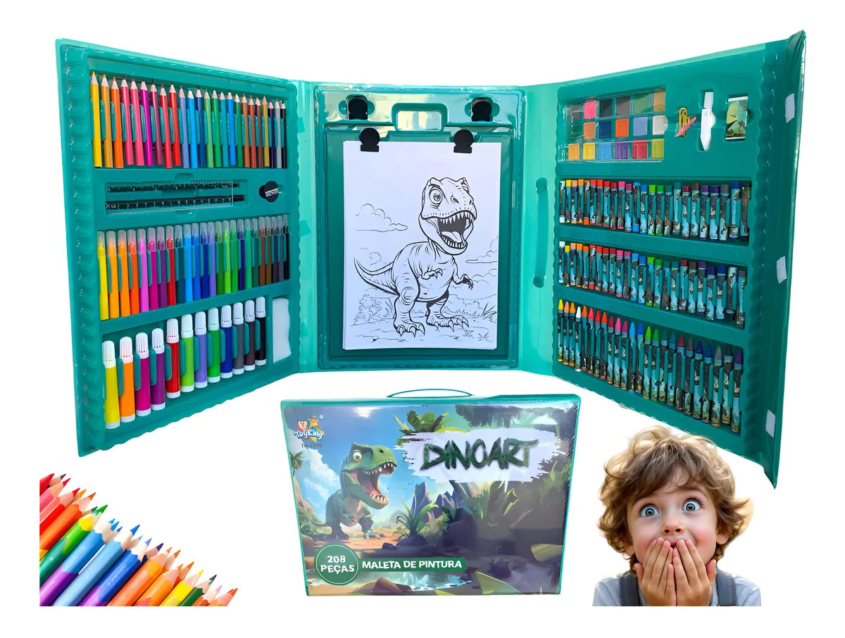 Kit Maleta De Pintura 204 Peças Kit Escolar com Canetinha, Lápis de cor, Giz De Cera, tesoura apontador Desenhos Estojo Dinoart