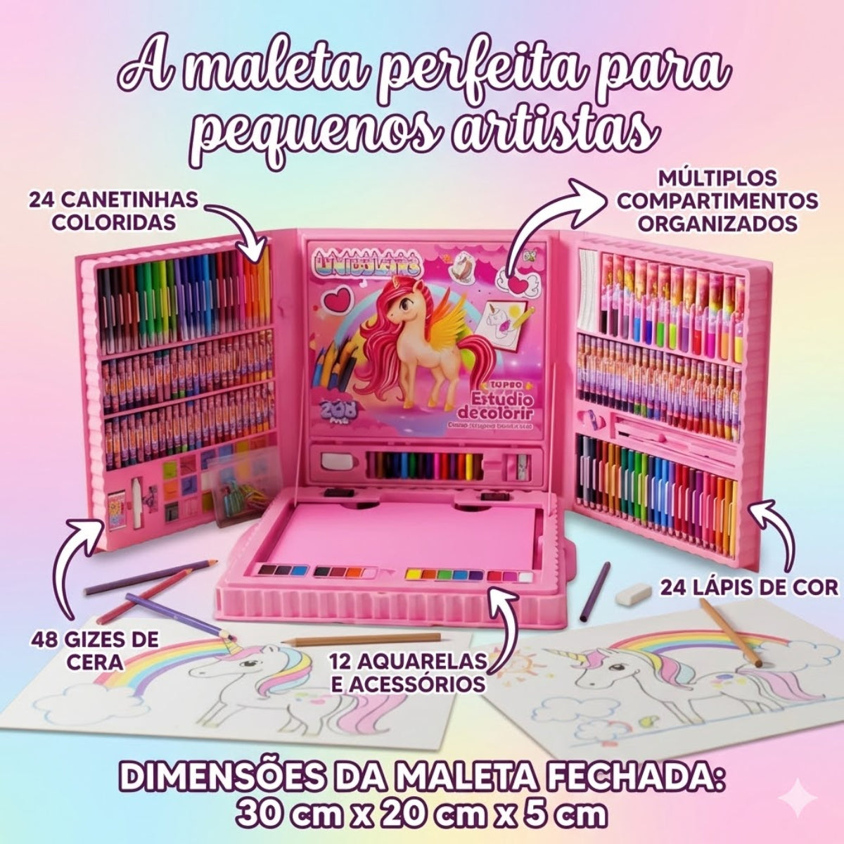 Maleta Pintura Estojo Infantil 208 Peças Coloridas Unicórnio