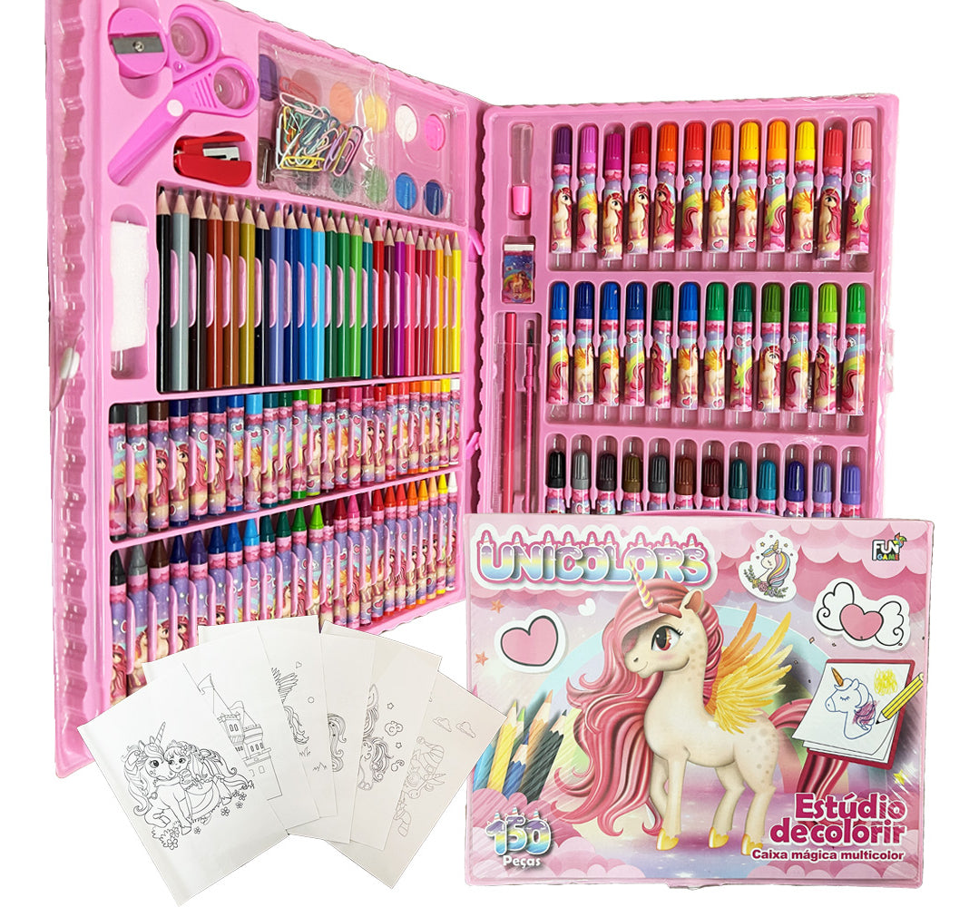 Estojo Maleta Pintura 150 Peças Infantil Canetinha Giz Lápis Divertir Pintar Estojo completo Maleta Pintura 150 Peças Mundo Dos Unicórnios Material Escola Estúdio Grande Colorir Desenho Kizumba
