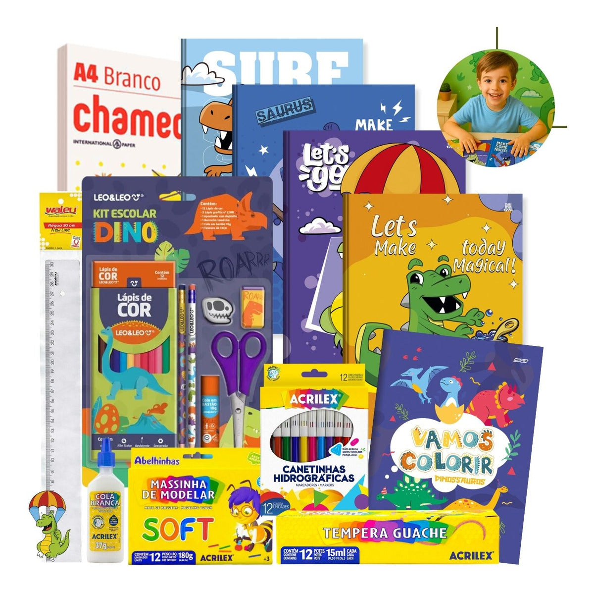 Kit Material Escolar Dinossauros 60pcs Infantil Fundamental