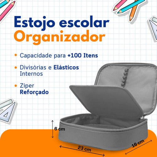 Estojo Escolar Organizador Box Grande Com Divisória Bolsinha
