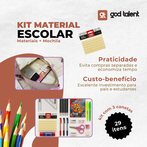 Kit Material Escolar Com Caderno E Mochila Econômico