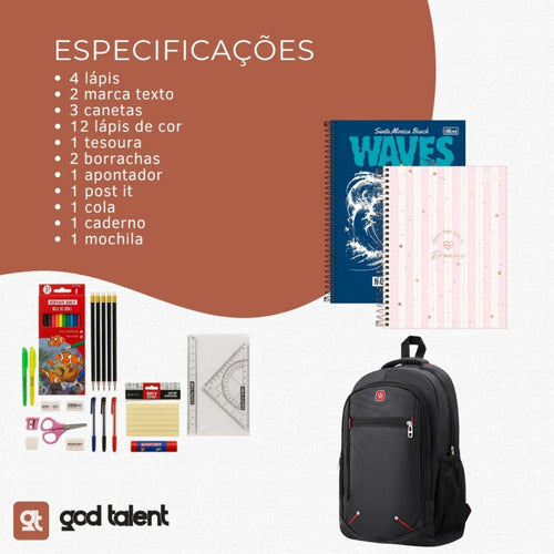 Kit Material Escolar Com Caderno E Mochila Econômico