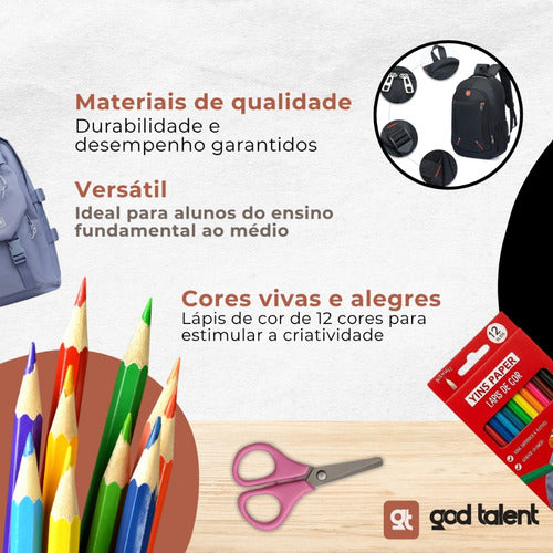 Kit Material Escolar Com Caderno E Mochila Econômico