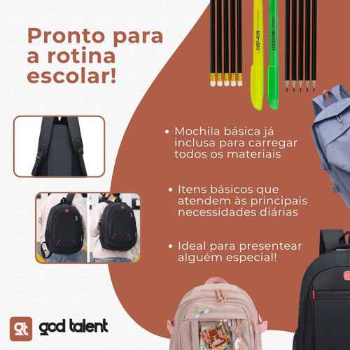 Kit Material Escolar Com Caderno E Mochila Econômico