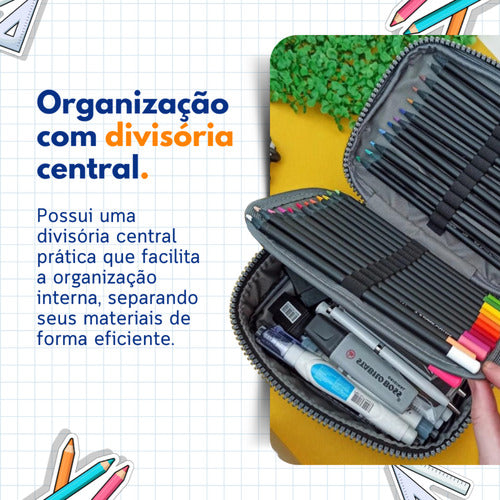Estojo Escolar Organizador Box Grande Com Divisória Bolsinha